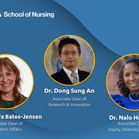 A graphic showing the UCLA Nursing leadership updates featuring Dr. Dong Sung An, Dr. Barbara Bates-Jensen, and Dr. Nalo Hamilton